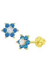 teensy-weensy gold aqua blue cubic zirconia flower March birthstone baby earrings